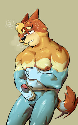 anthro balls blush blush_lines bodily_fluids body_hair chest_hair erection fur genitals glans humanoid_genitalia humanoid_penis male masturbation multicolored_body multicolored_fur muscular muscular_anthro muscular_male nipple_fetish nipple_play nipples nude penis solo speech_bubble standing sweat tail tail_motion text sagingbarko bluey_(series) radley_heeler australian_cattle_dog canid canine canis cattledog domestic_dog herding_dog mammal pastoral_dog 5:8 english_text hi_res