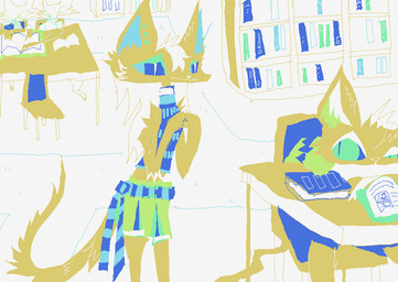 anthro book bottomwear chair clothed clothing desk female fur furniture group school school_desk shirt shorts sitting table topwear yellow_body yellow_fur naircat domestic_cat felid feline felis mammal 2017 digital_drawing_(artwork) digital_media_(artwork) microsoft_paint_(artwork) restricted_palette