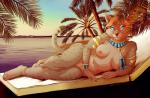 anthro areola armlet beach belly blue_eyes bracelet breasts brown_body brown_fur brown_markings brown_nose brown_spots brown_stripes chair curvy_figure detailed_background doggadee domestic_cat egyptian egyptian_mau fangs felid feline felis female fur furniture hair hi_res jewelry lounge_chair lying mammal markings necklace nipples outside palm_tree pink_nipples plant pubes pupils seaside slightly_chubby slit_pupils solo spots spotted_body spotted_fur stripes tan_belly tan_body tan_fur tan_markings tan_spots tan_stripes tassels teeth tree voluptuous