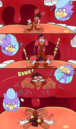 3_toes 4_fingers anthro beak big_feet big_tongue cartoon_gloves cartoon_physics cheek_bulge clothing duo eyewear feet fingers glasses in_mouth inside_mouth lying macro male male/male mawplay micro on_front orange_tongue pawpads paws shirt slapstick slapstick_humor smug smug_expression smug_face soles tail thick_tongue toes tongue toony toony_moment topwear uvula vore wearing_glasses wide_tongue klizlove roderick_(tamerkoh) toon_twack_(klizlove) twack_(klizlove) avian bird lagomorph leporid mammal rabbit absurd_res comic hi_res