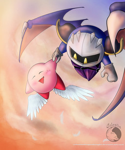 ambiguous_gender armor bat_wings boots clothing cloud duo eyes_closed feathered_wings feathers footwear handwear mask membrane_(anatomy) membranous_wings mittens not_furry open_mouth open_smile pauldron shoes smile white_body white_feathers wings yellow_eyes celestiadragonknight kirby_(series) nintendo kirby meta_knight 5:6 hi_res source_request unavailable_at_source