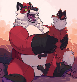 anthro anthro_on_anthro black_body black_fur black_nose duo fur male male/male markings multicolored_body open_mouth overweight plushie red_body red_fur size_difference tail white_body white_fur haps ark_(monadofox) zoru animate_inanimate canid canine fox living_plushie mammal hi_res father_(lore) father_and_child_(lore) father_and_son_(lore) parent_(lore) parent_and_child_(lore) parent_and_son_(lore) son_(lore)