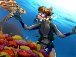 anthro bubble diving diving_mask eyewear female goggles mask scuba scuba_diver scuba_gear scuba_tank smile solo underwater water wetsuit granatloncat okane_akemi canid canine canis mammal reptile scalie turtle wolf diver_(disambiguation) 4:3