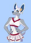 anthro bottomwear cheerleader cheerleader_outfit clothed clothing crop_top crossdressing femboy male midriff miniskirt navel pose shirt skirt solo topwear clion canid canine canis domestic_dog mammal hi_res