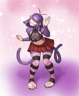 2_tails 5_fingers 5_toes accessory anthro armband bangs bare_shoulders black_nails bottomwear clothed clothing colored_nails ear_piercing feet female fingers fully_clothed fur furgonomics hair hair_over_eyes heart_symbol jewelry midriff multi_tail nails piercing purple_body purple_fur purple_hair ring skirt smile solo standing tail tail_accessory tail_jewelry tail_ring tailband toeless_legwear toeless_stockings toes topwear wave redustheriotact emili_(nishkavich) haplorhine mammal monkey primate 2023