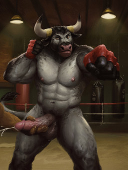 abs anthro balls biceps bodily_fluids clothing cum cumshot curved_penis duo ejaculation erection fighting_ring fingerless_gloves fur genital_fluids genitals glans gloves hair hand_on_penis handjob handwear horn humanoid_genitalia humanoid_penis inside male mostly_offscreen_character muscular muscular_anthro muscular_male navel nipples nude pecs penile penis punching_bag sex standing tail orcfun bovid bovine cattle mammal 3:4 digital_media_(artwork) hi_res