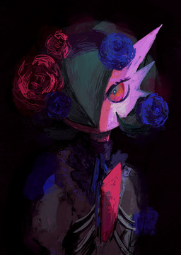 blue_flower bow_ribbon clothed clothing female flower green_hair hair hair_over_eye one_eye_obstructed plant red_eyes red_flower solo white_sclera otonoha_827 nintendo pokemon gardevoir generation_3_pokemon humanoid pokemon_(species) 2025 hi_res portrait