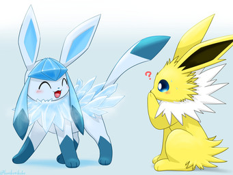 ambiguous_gender black_nose blue_body blue_ears blue_fur blue_nose blue_tail blush blush_lines duo eyes_closed feral fur ice open_mouth open_smile paws smile tail white_body white_fur yellow_body yellow_ears yellow_fur kenikenikeke nintendo pokemon eeveelution generation_1_pokemon generation_4_pokemon glaceon jolteon pokemon_(species) 2022 4:3 hi_res