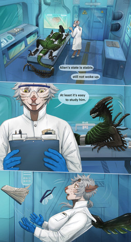 animal_genitalia ankles_tied anthro anus bdsm bondage bound breasts cheek_window clipboard clothed clothing coat dialogue duo examination_table eyewear eyewear_on_head feet female furniture genital_slit genitals gloves goggles hair hands_tied handwear holding_clipboard holding_object hooves lab_coat laboratory latex latex_clothing latex_gloves latex_handwear lying male nude on_back on_table open_mouth smile speech_bubble spread_legs spreading standing table tail teeth text toes topwear tvard alien_(franchise) eidenir alien bovid caprine goat mammal xenomorph absurd_res comic digital_media_(artwork) english_text hi_res