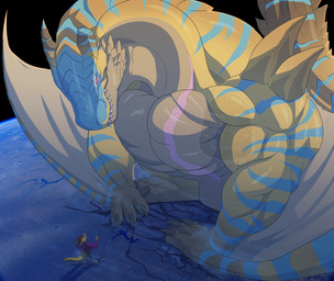 ambiguous_gender anthro big_muscles chest_scar cracks curved_horizon duo extreme_size_difference feral giga glowing glowing_eyes horizon huge_muscles hyper hyper_muscles looming macro muscular scar size_difference pyc-art capcom monster_hunter mythology aero_(aeronus) grev_(greviste) dragon flying_wyvern mythological_creature mythological_scalie scalie tigrex hi_res