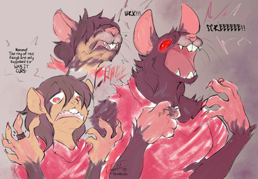 anthro brown_body brown_fur buckteeth claws clothing curse fangs female fur glowing glowing_eyes growth human_to_anthro magic open_mouth red_eyes ring sharp_teeth shirt solo species_transformation teeth text three_frame_image three_frame_sequence topwear transformation transformation_sequence thwillartz human mammal murid murine rat rodent werecreature wererat wererodent english_text hi_res sequence