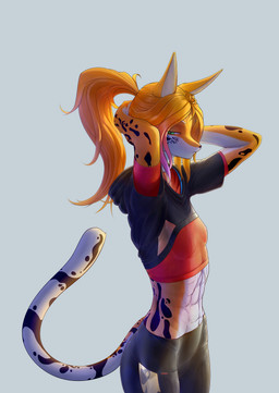 abs anthro athletic breasts clothing crop_top female flat_chested hair hoodie leggings legwear ponytail raised_arm ribs shirt skinny slim small_breasts solo topwear translucent translucent_clothing hudodriverufo hella_faith absurd_res hi_res