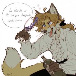 5_fingers alcohol anthro beverage black_bottomwear black_clothing black_pants blonde_hair blue_eyes blush bottomwear bubble clothing container cup dialogue drinking_glass drunk drunk_bubble duo fingers fluffy fluffy_tail food fruit fur glass glass_container glass_cup hair male micro open_mouth pants plant purple_body purple_fur rococo_clothing shirt size_difference speech_bubble substance_intoxication tail text topwear whiskers white_body white_clothing white_fur white_shirt white_topwear wine wine_bottle wine_glass yellow_body yellow_fur tatujapa edgar_vladilisitsa furo_(furo_fur) canid canine elemental_creature flora_fauna food_creature fox living_fruit mammal 2025 english_description french_text hi_res