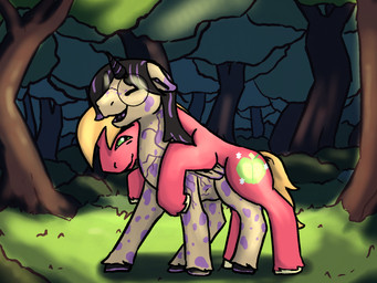 abdominal_bulge cutie_mark duo eyes_closed eyewear feral from_behind_position glasses looking_at_another looking_pleasured male male/male mounting scar sex smile spots wearing_glasses ravenfangs friendship_is_magic hasbro my_little_pony big_macintosh_(mlp) fan_character phantasmal_pen equid equine horse mammal pony hi_res
