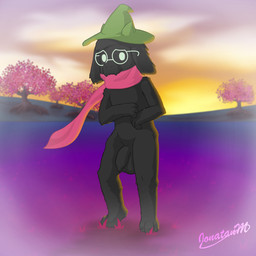 anthro balls black_body black_fur clothing eyewear femboy flaccid foreskin fur genitals glasses grass hat headgear headwear horn humanoid_genitalia humanoid_penis long_foreskin looking_at_viewer male mostly_nude narrowed_eyes nude penis plant scarf sky smile sunset tree unretracted_foreskin white_eyes jm-luxro deltarune undertale_(series) ralsei bovid caprine goat mammal 1:1 hi_res