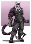 absurd_res anthro armor atlas_(shai_dreamcast) axe biceps black_body black_fur clothing digital_media_(artwork) felid fur gauntlets gloves hair handwear hi_res looking_at_viewer male mammal melee_weapon muscular muscular_anthro muscular_male pantherine purple_body purple_fur putai22 simple_background solo standing tail tiger tooth_necklace weapon whiskers white_hair