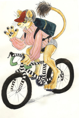 anthro backpack barefoot bicycle black_sclera bottomwear breasts clothed clothing denim denim_bottomwear denim_clothing denim_shorts ear_piercing ear_ring feet female fingers fur gesture hat headgear headwear hotpants pawpads paws piercing pink_clothing ring_piercing shirt shorts simple_background smile solo sweater tail tail_tuft toes topwear tuft turtleneck vehicle waving white_background yellow_body yellow_eyes yellow_fur kyokyota felid lion mammal pantherine 2019 absurd_res hi_res painting_(artwork) traditional_media_(artwork) watercolor_(artwork)
