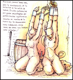 anthro balls barrel bdsm bodily_fluids bondage bottle bound breasts chain chained container cuff_(restraint) duo female flaccid genitals kneeling male nipples nude penis restraints shackles slave tail tears text vulva abecat felid mammal spanish_text translated