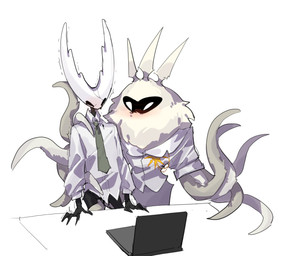 2_horns ambiguous/ambiguous ambiguous_gender anthro black_body black_eyes blush clothed clothing computer duo electronics empty_eyes fingers fur furniture horn laptop looking_at_another motion_lines necktie shirt table tentacles topwear white_clothing white_shirt white_topwear oxide_cat hollow_knight_(franchise) team_cherry hollow_knight_(character) radiance_(hollow_knight) arthropod insect lepidopteran moth vessel_(species) 2025 hi_res female_(lore)