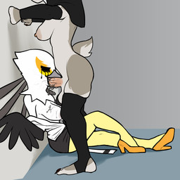 against_surface against_wall anthro breasts clothed clothing corruption duo fellatio female footwear gynomorph gynomorph/female high_heels intersex intersex/female mind_break oral oral_penetration penetration penile sex shoes skimpy hexecat aggretsuko sanrio celeste_the_nun_rabbit_(character) secretary_washimi accipitriform avian bird lagomorph leporid mammal rabbit secretary_bird 1:1 absurd_res hi_res
