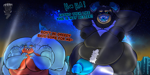 anthro belly big_belly big_butt blue_eyes body_hair breasts butt claws duo female genitals happy_trail hyper hyper_genitalia macro male moobs neck_tuft overweight sharp_teeth spikes spikes_(anatomy) tail teeth text tuft vore wide_hips l07ven sarah_the_piranha 7ven_(l07ven) sarah_(sarah_the_piranha) aquatic bear fish mammal 2:1 absurd_res english_text hi_res