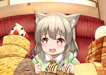 bodily_fluids cake clothed clothing cutlery dessert drooling female food fork heart_eyes heart_symbol holding_object ice_cream kitchen_utensils open_mouth pancake red_eyes saliva solo spoon tools young shiredo koruri_(shiredo) animal_humanoid cat_humanoid felid felid_humanoid feline feline_humanoid humanoid mammal mammal_humanoid 2020