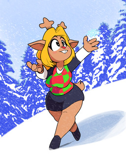 4_fingers anthro antlers blonde_hair bottomwear breasts checkered checkered_clothing checkered_topwear checkered_vest clothed clothed_anthro clothed_female clothing day eyebrows female female_anthro fingers fur hair horn looking_up outside pattern_clothing pattern_topwear pattern_vest plant red_nose skirt sky snow snowflake solo tail tan_antlers tan_body tan_ears tan_fur tan_tail teeth topwear tree vest walking white_sclera cloudidoodles deltarune undertale_(series) noelle_holiday deer mammal new_world_deer reindeer 2022 absurd_res digital_media_(artwork) hi_res