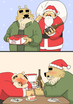 alcohol anthro beer beverage blush cake christmas_clothing christmas_headwear clothing costume cute_fangs dessert drunk duo eyes_closed facial_hair fangs food hat headgear headwear holidays kemono male mustache overweight overweight_male santa_costume santa_hat substance_intoxication teeth panda_po christmas santa_claus bear felid mammal pantherine tiger 2023 comic hi_res