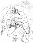 abs anthro bed biceps boxers_(clothing) bulge claws clothed clothing detailed_bulge duo erection erection_under_clothing fangs fondling furniture genital_outline genitals grope humanoid_genitalia humanoid_penis larger_male male male/male muscular nipples pecs penis penis_outline pillow pose scales size_difference smaller_male tail teeth toe_claws tongue tongue_out topless underwear sudonym dinosaur dromaeosaurid humanoid prehistoric_species reptile scalie theropod troll_(mythology) velociraptor monochrome sketch