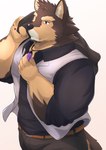 anthro belt bottomwear brown_body brown_fur clothing crystal eyebrows fur jacket jewelry male muscular muscular_anthro muscular_male necklace pants solo thick_eyebrows topwear nazebesu_hobby lifewonders live_a_hero pubraseer canid canine canis domestic_dog mammal absurd_res hi_res