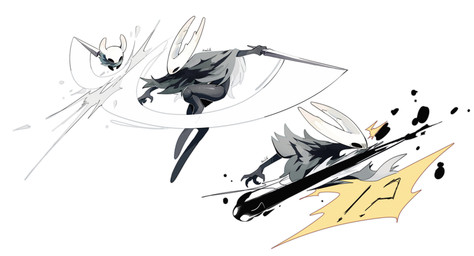 action_pose ambiguous_gender anthro battle black_body black_eyes black_head blue_cloak blue_clothing bottomless bottomless_anthro cloak clothed clothing digitigrade duo exclamation_point fighting_pose glistening glistening_body green_cloak green_clothing holding_melee_weapon holding_object holding_sword holding_weapon melee_weapon motion_lines pose question_mark shocked simple_background size_difference slashing sword sword_swing torn_fabric weapon white_background white_eyes white_head jane_mealoth hollow_knight_(franchise) team_cherry hollow_knight_(character) shade_(hollow_knight) the_knight_(hollow_knight) arthropod insect vessel_(species) 2026 absurd_res colored digital_media_(artwork) hi_res shaded signature nonbinary_(lore) sibling_(lore)