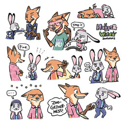 anthro black_ears black_nose brown_body brown_ears brown_fur brown_tail buckteeth clothed clothing countershading dipstick_ears dipstick_tail driving ear_markings ears_down electronics ellipsis female female_anthro fur green_eyes grey_body grey_ears grey_fur grey_tail long_tail male male_anthro markings multicolored_body multicolored_ears multicolored_fur necktie orange_body orange_ears orange_fur pink_inner_ear pink_nose pivoted_ears police police_uniform punch purple_eyes shirt simple_background tail tail_markings tan_body tan_countershading tan_fur tan_inner_ear teeth text thick_tail topwear two_tone_body two_tone_fur two_tone_tail uniform vest walkie-talkie white_background white_body white_countershading white_fur gumi_(pixiv) disney zootopia judy_hopps nick_wilde canid canine domestic_cat european_rabbit felid feline felis fox lagomorph leporid mammal oryctolagus rabbit red_fox true_fox 1:1 absurd_res english_text hi_res