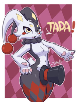 anthro breasts clothing female fur hat headgear headwear markings smile solo tail text thick_thighs top_hat white_body wide_hips yellow_eyes yellow_markings smoothymilk palworld pocketpair dupin_(pal) lagomorph leporid mammal rabbit digital_media_(artwork) hi_res