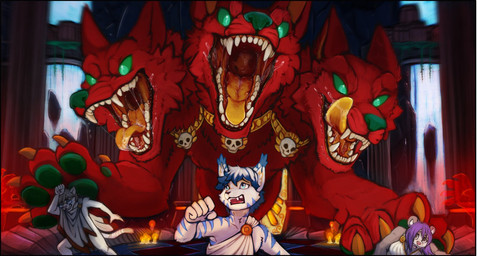 3_heads ambiguous_gender anthro blue_body blue_eyes blue_fur blue_hair bodily_fluids brown_eyes candle clothed clothing extreme_size_difference eyes_closed fangs female feral front_view fur green_eyes green_pawpads green_sclera grey_hair group hair imminent_vore inside licking licking_lips licking_own_lips male multi_head open_mouth orange_tongue pawpads purple_hair red_body red_fur saliva saliva_string scared self_lick size_difference teeth tongue tongue_out unsigned white_body white_fur white_hair acidic european_mythology greek_mythology hades_(game) mythology cerberus_(hades) bear canid canid_demon canine cerberus demon felid hellhound mammal mythological_canine mythological_creature