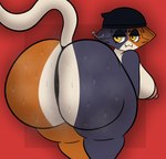 anthro big_breasts big_butt biped bodily_fluids breasts butt fangs female female_anthro huge_butt looking_at_viewer looking_back musk simple_background solo sweat sweaty_butt tail teeth mechaclank epic_games fortnite meow_skulls domestic_cat felid feline felis mammal hi_res