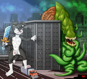 5_fingers anthro balls brain building city countershade_torso countershading duo fingers foreskin fur genitals glans gloves_(marking) green_body green_tentacles holding_object holding_weapon humanoid_genitalia humanoid_penis leg_markings macro male markings multicolored_body multicolored_fur night organs outside partially_retracted_foreskin penis pink_glans sharp_teeth sky socks_(marking) tail teeth tentacles truck two_tone_body two_tone_fur vehicle weapon white_balls white_body white_countershading white_fur white_penis white_tail young young_anthro young_male eldiman canid canine canis domestic_dog mammal tentacle_creature absurd_res digital_media_(artwork) hi_res