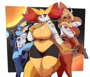 anthro big_breasts blaster boots breasts clothing curvy_figure female footwear group hand_behind_head hourglass_figure jacket legwear leotard one_eye_closed shoes thigh_boots thigh_highs topwear trio wide_hips wink gin-blade nintendo pokemon star_fox braixen eeveelution flareon generation_1_pokemon generation_6_pokemon pokemon_(species) vaporeon crossover hi_res