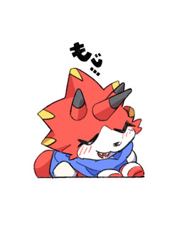 anthro blush chibi eyes_closed horn male red_body scarf sharp_teeth smile solo teeth text miim10140996 bandai_namco digimon digimon_ghost_game betelgammamon digimon_(species) 3:4 japanese_text