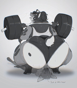 anthro big_butt bodily_fluids butt clothed clothing duo exercise facesitting female hair huge_butt open_mouth overweight overweight_anthro overweight_female sexercise simple_background sitting_on_another sweat sweaty_butt text tongue tongue_out weightlifting workout whorgi kikimo pinecone_(pineconedraws) canid gulonine mammal marten mustelid musteline pine_marten 2023 absurd_res english_text greyscale hi_res monochrome