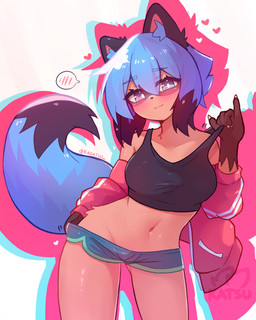 abstract_background anthro black_hair blue_hair blush blush_lines blush_symbol bottomwear bra clothing dipstick_tail dolphin_shorts eyebrow_through_hair eyebrows eyelashes eyelashes_through_hair female gesture hair heart_symbol hotpants jacket markings minishorts multicolored_eyes multicolored_hair navel pupils short_hair shorts solo sports_bra suggestive suggestive_gesture suggestive_pose tail tail_markings topwear translucent translucent_hair two_tone_hair underwear undressing white_pupils kabatsu brand_new_animal studio_trigger michiru_kagemori canid canine mammal raccoon_dog tanuki 4:5 absurd_res digital_media_(artwork) hi_res shaded