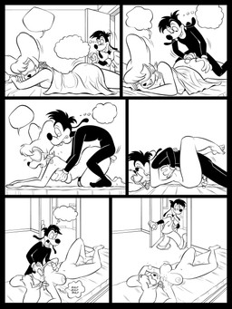 4_fingers anthro balls bed big_breasts big_butt bite biting_lip biting_own_lip blindfold blindfold_only bodily_fluids body_hair breast_grab breasts breath butt butt_grab cum cum_in_mouth cum_in_vagina cum_inside doggystyle drinking drinking_cum duo ear_piercing ear_ring ejaculation fellatio female fingers from_behind_position from_front_position furniture genital_fluids genitals hairy_balls hand_on_breast hand_on_butt hoop_ear_ring hot_dogging kissing_while_penetrated kissing_while_penetrating looking_pleasured lying lying_on_bed male male/female mating_press motion_lines nude on_bed onomatopoeia oral oral_penetration penetration penile piercing ring_piercing self_bite sex sleep_sex sleeping sleeping_nude smug_grin sound_effects speech_bubble text thick_thighs thought_bubble vaginal vaginal_penetration markkleanup disney goof_troop max_goof peg_pete canid canine canis domestic_dog mammal comic hi_res monochrome