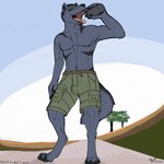 1:1 4_toes blue_body blue_fur bottomwear canid canine canis cargo_shorts clothing drinking feet fur hi_res male mammal mouth_shot open_mouth shorts smile solo summer swallowing toes tongue water wolf wolfywetfurr_(artist)
