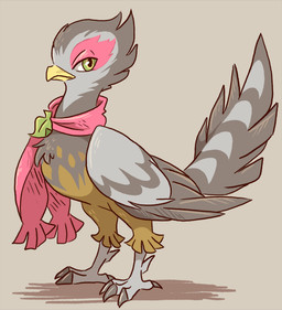 4_toes ambiguous_gender beak biped brown_background brown_body brown_feathers chest_markings chest_tuft claws feathered_wings feathers feet feral green_eyes grey_body grey_feathers grey_scales markings pink_body pink_feathers scales scarf shadow simple_background solo standing tail tail_feathers tail_markings talons toe_claws toes tuft wings yellow_beak shellyochunks nintendo pokemon tales_of_tabira cornelius_(tales_of_tabira) avian generation_5_pokemon pokemon_(species) unfezant 2015 intersex_(lore)