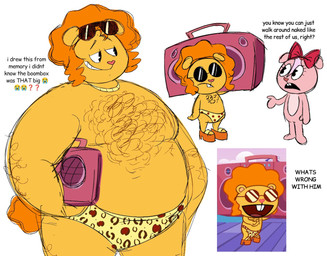 afro anthro belly body_hair boombox chest_hair clothing eyewear fur grin hair hairy male orange_hair overweight smile speedo sunglasses swimwear yellow_body yellow_fur zleepysnailz disco_bear_(htf) bear mammal