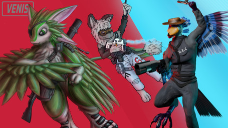 ambiguous_gender anthro beak blue_body blue_feathers china_lake clothing cowboy_hat eye_patch eyewear feathers grappling_hook group hat headgear headwear lewis_gun male nude ranged_weapon trio weapon zipline carlos-a-m decary sekvil the_finals the_nature_of_predators nohklu sek_(sekvil) avali avian krakotl_(the_nature_of_predators) venlil_(the_nature_of_predators) 16:9 hi_res widescreen