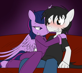 anthro bedroom_eyes black_hair blue_hair blush brown_eyes canon_x_oc clothing duo eyelashes feet female fingers fur furniture hair horn hug male male/female multicolored_hair narrowed_eyes pajamas pink_hair purple_background purple_body purple_eyes purple_fur seductive simple_background sitting smile sofa spread_wings teeth toes white_body white_fur wings sandwich-anomaly friendship_is_magic hasbro my_little_pony mythology fan_character twilight_sparkle_(mlp) equid equine horse mammal mythological_creature mythological_equine pony winged_unicorn 2015 digital_media_(artwork)