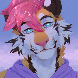 anthro black_body black_fur blue_eyes blue_pupils cheek_tuft clothed clothing countershading facial_tuft front_view fur glistening glistening_hair hair looking_at_viewer male mouth_closed narrowed_eyes neck_tuft orange_body orange_fur outside pink_hair pink_nose pupils purple_clothing purple_topwear simple_background sky solo topwear tuft unsigned white_body white_fur corzh77 felid mammal pantherine tiger 1:1 absurd_res bust_portrait detailed hi_res icon portrait