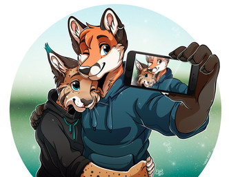 anthro cellphone clothing duo ear_piercing ear_ring electronics hoodie phone piercing ring_piercing topwear etuix canid canine felid feline fox lynx mammal 2015