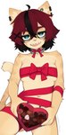 anthro breasts candy chocolate dessert eyewear female female_anthro food fur gift_wrapped glasses hair holidays kemono looking_at_viewer multicolored_body multicolored_fur multicolored_hair navel nude open_mouth ribbons sharp_teeth short_hair small_breasts solo tail teeth wearing_glasses yoako valentine's_day aeiou_(yoako) domestic_cat felid feline felis mammal 2023 digital_media_(artwork) hi_res