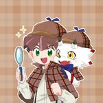 anthro blush brown_hair detective detective_hat duo fur hair magnifying_glass male smile white_body white_fur hamu_ym bandai_namco digimon digimon_ghost_game hiro_amanokawa digimon_(species) gammamon human mammal scalie 1:1